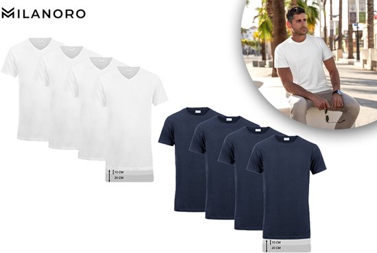 Milanoro - 4er-Pack extra lange Baumwoll-T-Shirts - Navy - Rundhalsausschnitt - 3XL Kleidung