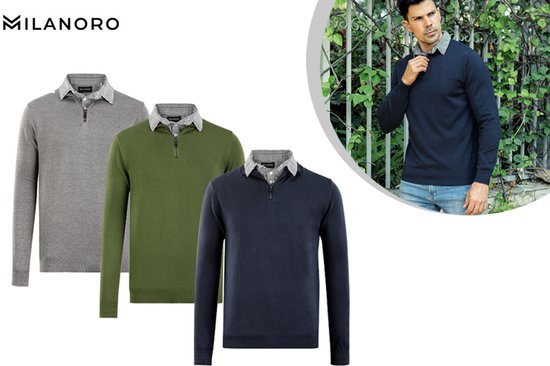 Milanoro - Herren Hemdkragenpullover mit halbem Reißverschluss - Grau - XXL Kleidung