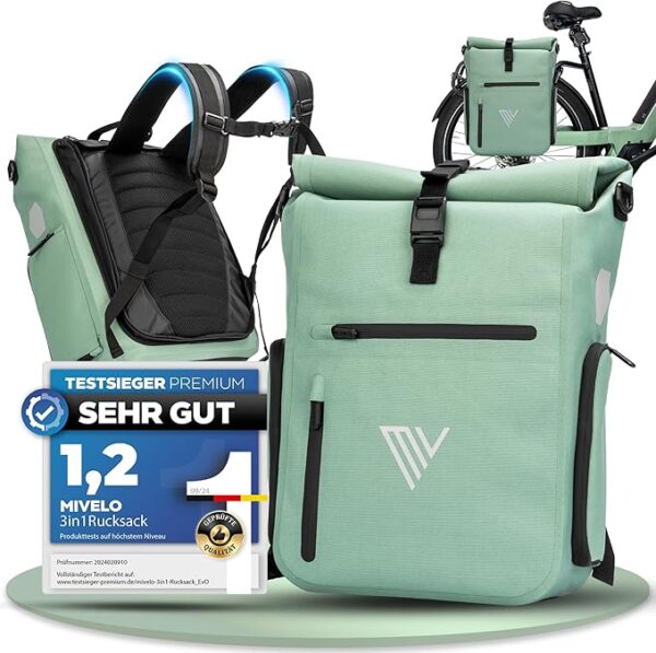 MIVELO - 3-in-1-Rucksack & Umhängetasche - Wasserdicht - 25 Liter - Mint Auto & Fahrrad