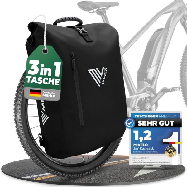 MIVELO - 3-in-1 wasserdichte Fahrradtasche - Rucksack und Umhängetasche - inkl. Laptopfach - 20L - Schwarz Kleidung