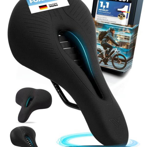 MIVELO - Comfort Pro MTB Fahrradsattel - Ergonomisch mit Memory Foam - 100% Wasserdicht - 28 cm x 14 cm - Schwarz Auto & Fahrrad