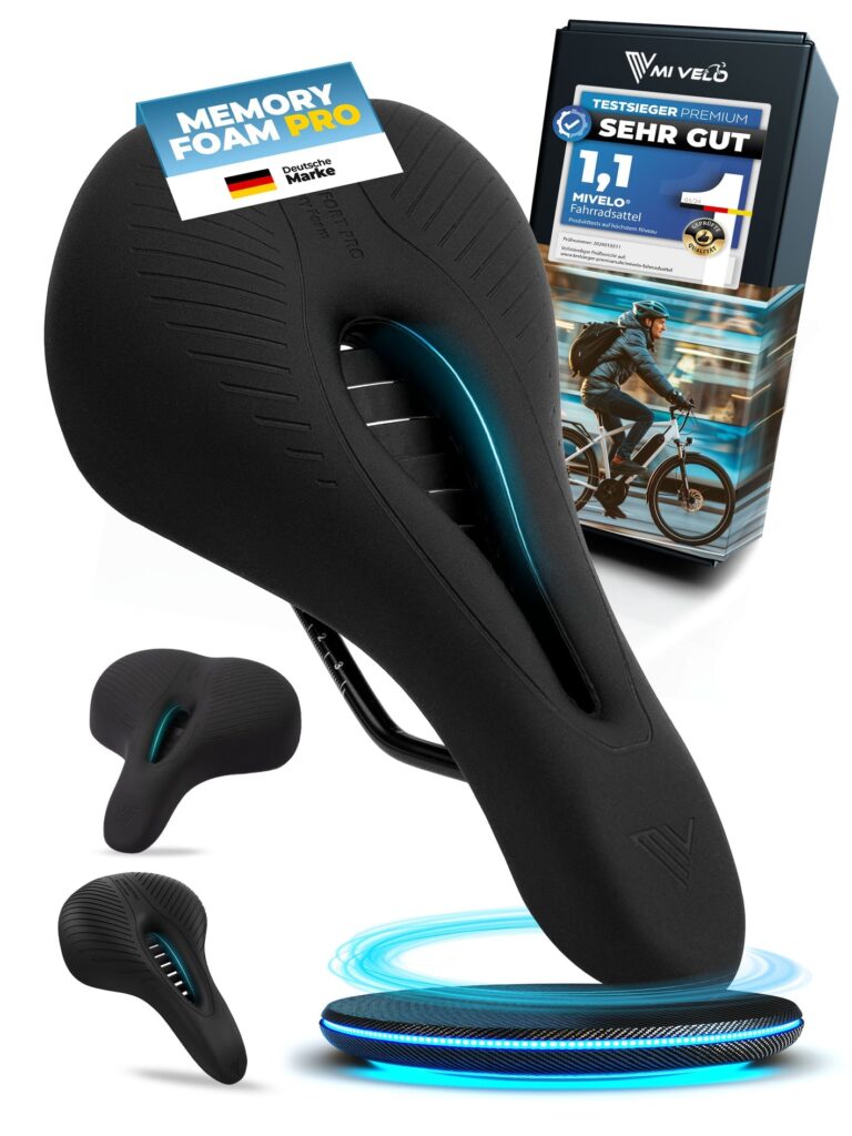 MIVELO - Comfort Pro MTB Fahrradsattel - Ergonomisch mit Memory Foam - 100% Wasserdicht - 28 cm x 14 cm - Schwarz Auto & Fahrrad