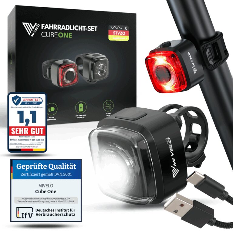 MIVELO Fahrradbeleuchtungsset Cube One LED - USB wiederaufladbar - StVZO geprüft Auto & Fahrrad