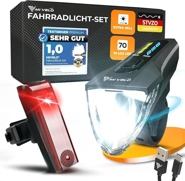 MIVELO Fahrradlicht-Set - USB aufladbar & wasserdicht - 70 Lux - Schwarz Auto & Fahrrad