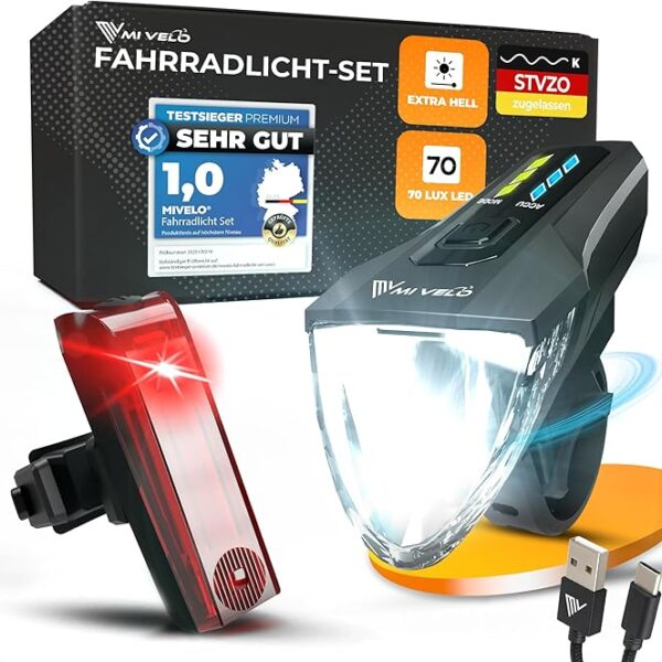 MIVELO Fahrradlicht-Set - USB aufladbar & wasserdicht - 70 Lux - Schwarz Auto & Fahrrad