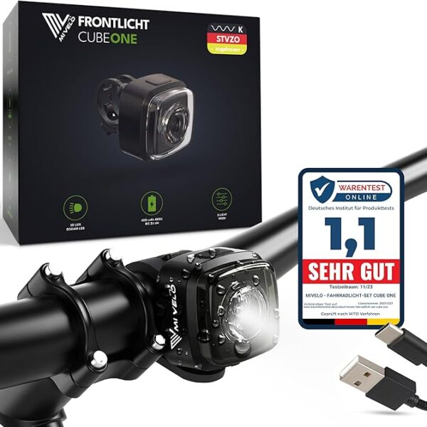 MIVELO - Fahrradlicht - USB Wiederaufladbar - 100% Wasserdicht - IPX5 - Schwarz Auto & Fahrrad