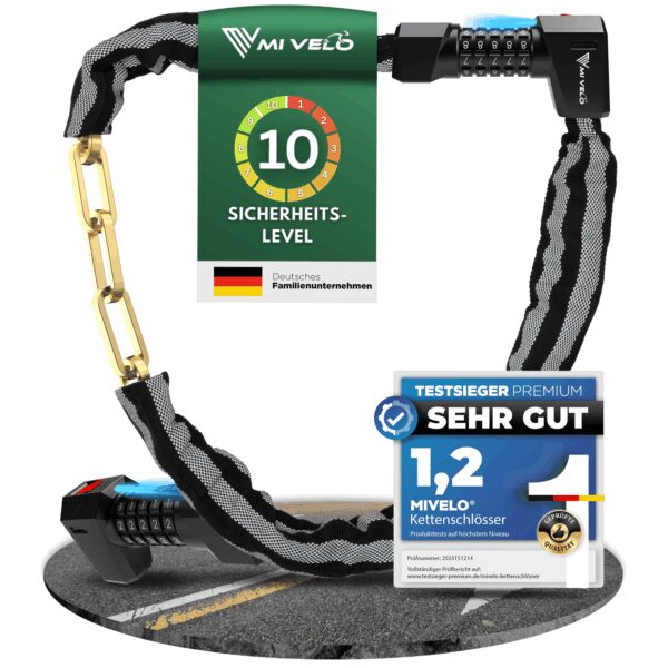 Mivelo Kettenschloss 100 cm – Zahlenschloss mit LED – Edelstahl – Schwarz Auto & Fahrrad