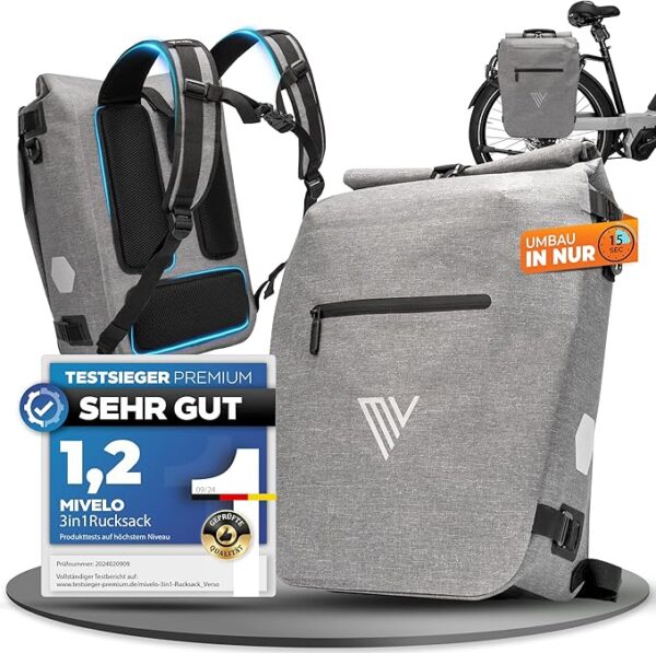 MIVELO Pannier - 3-in-1-Rucksack & Umhängetasche - Wasserdicht - 20 Liter - Grau Auto & Fahrrad