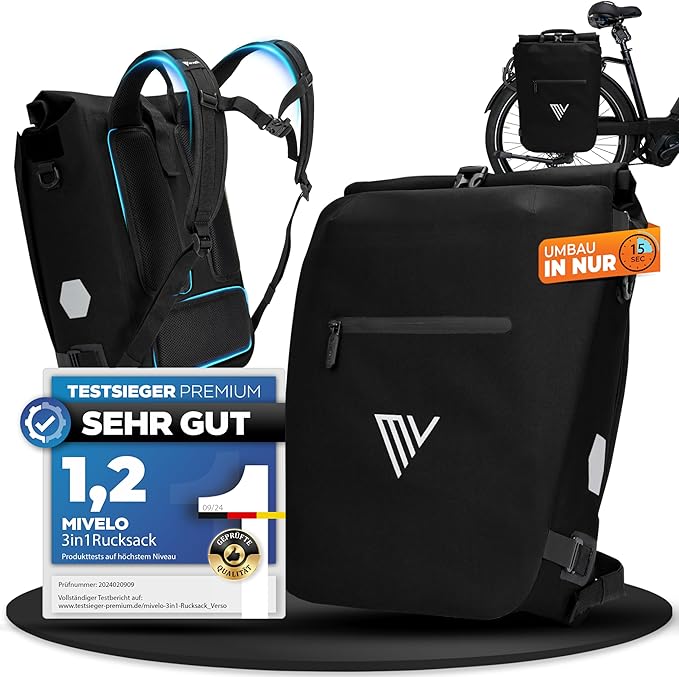 MIVELO Pannier - 3-in-1-Rucksack & Umhängetasche - Wasserdicht - 20 Liter - Schwarz Auto & Fahrrad MIVELO Pannier - 3-in-1-Rucksack & Umhängetasche - Wasserdicht - 20 Liter - Schwarz Auto & Fahrrad