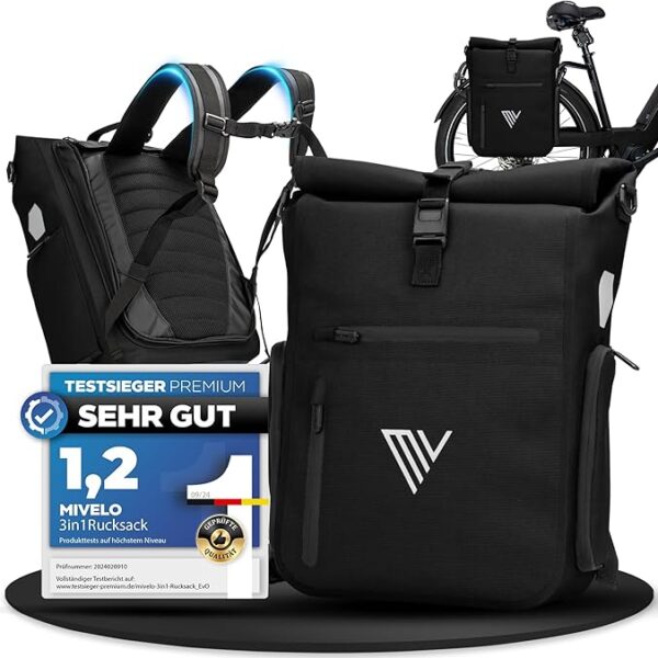 MIVELO Pannier - 3-in-1-Rucksack & Umhängetasche - Wasserdicht - 25 Liter - Schwarz Auto & Fahrrad