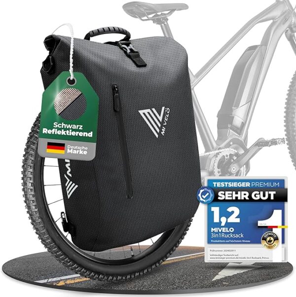 MIVELO Pannier - 3-in-1 Rucksack & Umhängetasche - Wasserdicht & inkl. Laptopfach - 20 Liter - Schwarz Reflektierend Auto & Fahrrad
