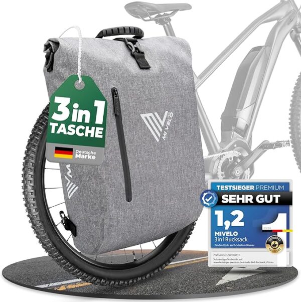 MIVELO Pannier - 3-in-1 Rucksack & Umhängetasche - Wasserdicht & inkl. Laptopfach & Schloss - 20 Liter - Grau Auto & Fahrrad