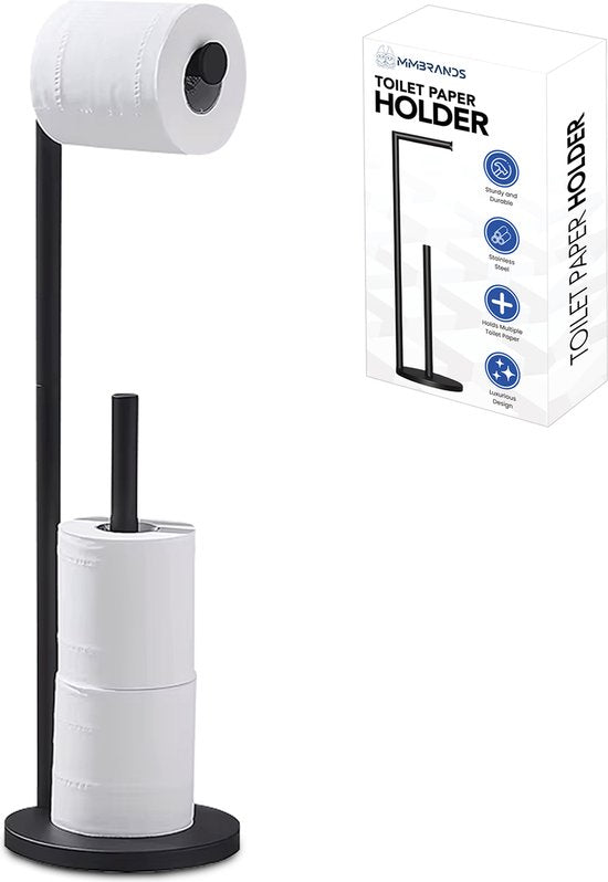 MM Brands Toilettenpapierhalter stehend - 2 in 1 Toilettenpapierhalter - Ersatzrollenhalter - 3 + 1 Toilettenpapierhalter ohne Bohren - Schwarz Wohnen & Kochen