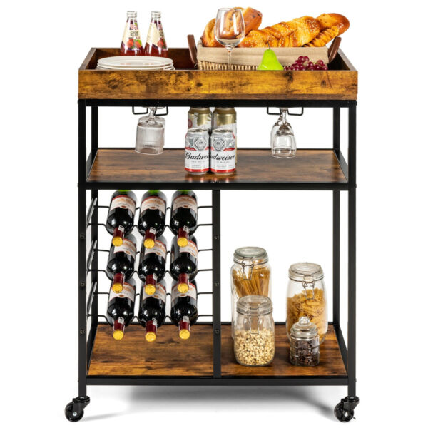 Mobiler Servierwagen Multifunktionaler 3-Ebenen-Wagen mit abschließbaren Rädern Küchenwagen Mobiler Weinlagerwagen Wohnen & Kochen