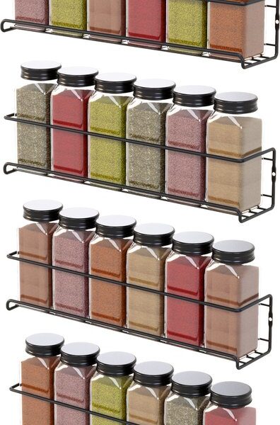 Noswo Gewürzregal hängend - für 24 Gewürzdosen - 4 Stück - Küchenregal hängend - Edelstahl - Schwarz Wohnen & Kochen
