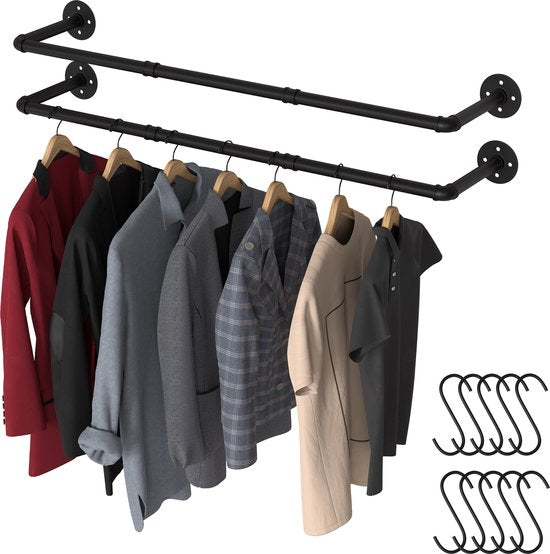Noswo Wand-Kleiderständer - 2 Stück - Hochwertige Stahl-Kleiderstange - Kleiderständer - Kleiderstange - Kleiderstange - 112 cm - Schwarz Wohnen & Kochen