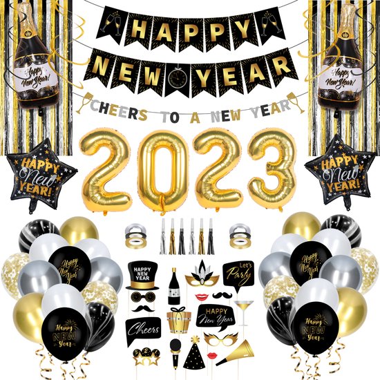 Partizzle 2023 Silvesterdekoration Paket - Silvesterfeier Dekorationen Luftballons - Frohes neues Jahr Party - Schwarz Gold Silber Vertaald