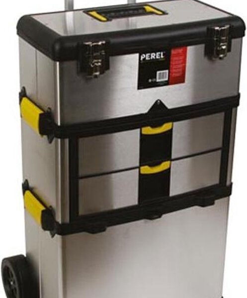 Perel - Werkzeugwagen 3-in-1 - mit Teleskopgriff - mit großen Rädern und 3 herausnehmbaren Fächern - 830 x 354 x 570 mm - Edelstahl - grau Werkzeuge