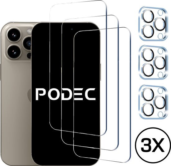 Podec Displayschutzfolie und Kameralinsenschutz passend für iPhone 15 Pro - Gehärtetes Schutzglas - Transparent und kratzfest - Gehärtete Glasabdeckung - 3 + 3 Stück Elektronik