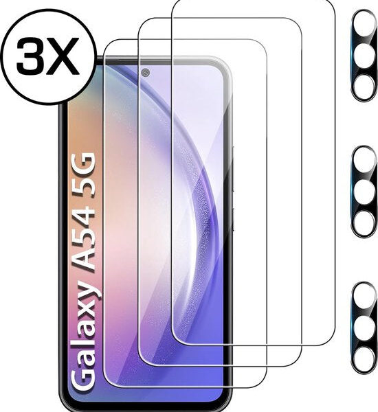 Podec Displayschutzfolie und Kameralinsenschutz passend für Samsung Galaxy A54 - gehärtetes Schutzglas - transparent und kratzfest - gehärtete Glasabdeckung - 3 + 3 Stück Elektronik