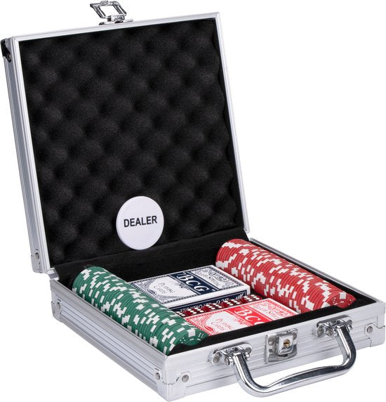 Pokerset im Aluminiumkoffer - 100 Pokerchips - Spielkarten - 5 Würfel - Dealer-Chip Hobby & Sport