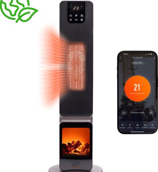 QLT Ceramic Heater with Atmosphere Fireplace - Elektroheizung mit Wifi + App-Steuerung - Heizlüfter mit Swing und ECO-Modus - 2000W - Schwarz Wohnen & Kochen