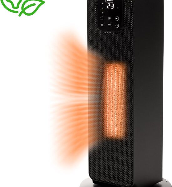 QLT Keramikkocher mit Glüheffekt - Elektrischer Turmkocher mit PTC-Keramik-Heizelement - Heizung mit ECO-Modus und LCD-Display - Schwarz Wohnen & Kochen