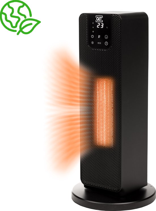 QLT Keramikkocher mit Glüheffekt - Elektrischer Turmkocher mit PTC-Keramik-Heizelement - Heizung mit ECO-Modus und LCD-Display - Schwarz Wohnen & Kochen