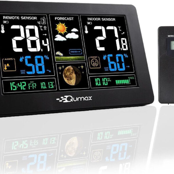 Qumax Drahtlose Wetterstation für Drinnen und Draußen mit Außensensor bis 60 m Reichweite Wasserdicht Schwarz Elektronik