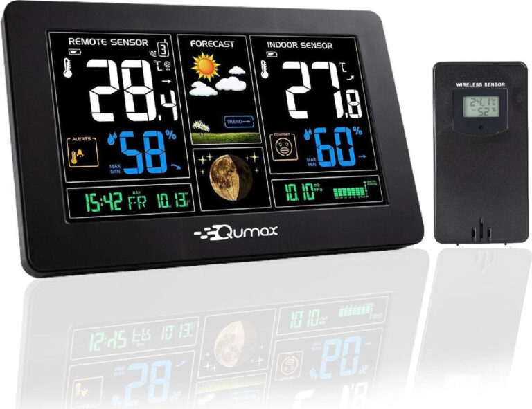Qumax Drahtlose Wetterstation für Drinnen und Draußen mit Außensensor bis 60 m Reichweite Wasserdicht Schwarz Elektronik