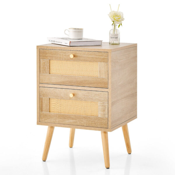 Rattan-Nachttisch mit 2 Schubladen - Mid-Century Modern - Massivholzbeine - 40 x 35 x 50 cm Wohnen & Kochen