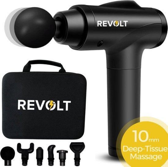Revolt - Massagepistole - 30 verschiedene Geschwindigkeiten - 6 Aufsätze - Deluxe-Aufbewahrungskoffer - Deep Tissue - für Muskelerholung & Verletzungen - hohe Amplitude Hobby & Sport