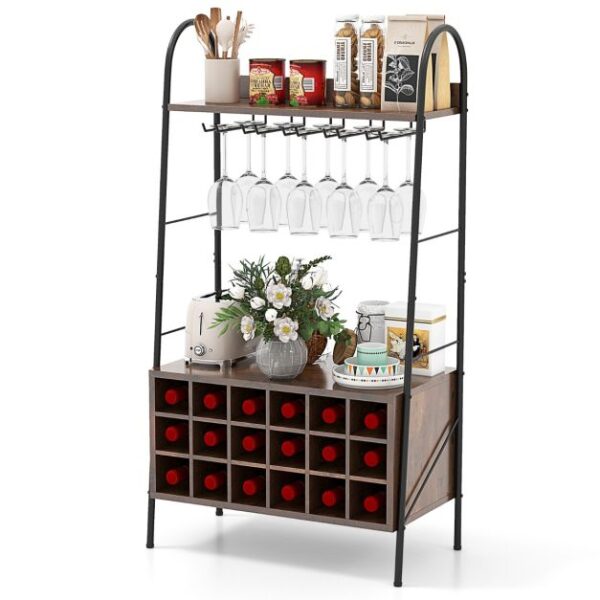 Rustikales Weinregal mit Glashalter - für 18 Flaschen & 15 Gläser - mit herausnehmbaren Ablagen - 32 x 63 x 114