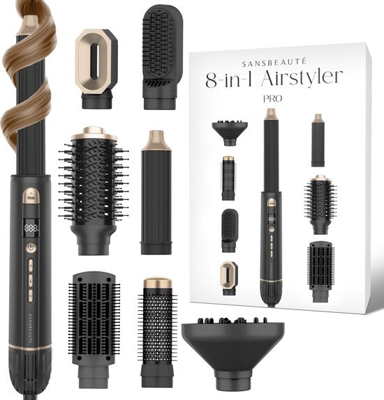 Sansbeauté® 8-in-1 Airstyler mit Diffusor - Haarwickel - Multistyler - Fönbürste Kurzes Haar - Dupe - Haarstyler - Haartrockner - Wärmebürste - Lockenbürste - Lockenstab - Stylingbürste - Coldshot Schön & Gesund