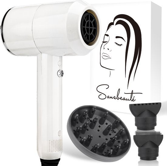Sansbeauté® Haartrockner mit Diffusor - Ionen-Haartrockner - Bürste - Reisehaartrockner - 3 Aufsätze - Locken - Coolshot - 3 Stufen - Haartrockner mit Diffusor - Haartrockner - 2000W - Weiß Schön & Gesund