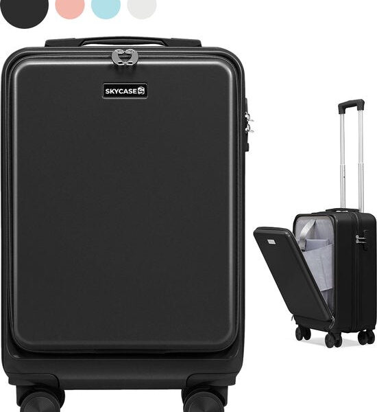 Skycases Handgepäck Koffer 35L - Leichter Trolley - Spinner-Räder - TSA-Schloss und Laptop-Fach - Reisekoffer mit praktischer Fronttasche - 55 cm - Schwarz Hobby & Sport