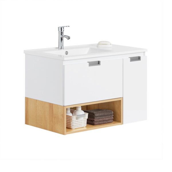 SoBuy BZR178-WN Waschtischunterschrank mit Waschbecken - 80x54x46 cm - Weiß/Natur - Schmaler Badezimmerschrank Wohnen & Kochen