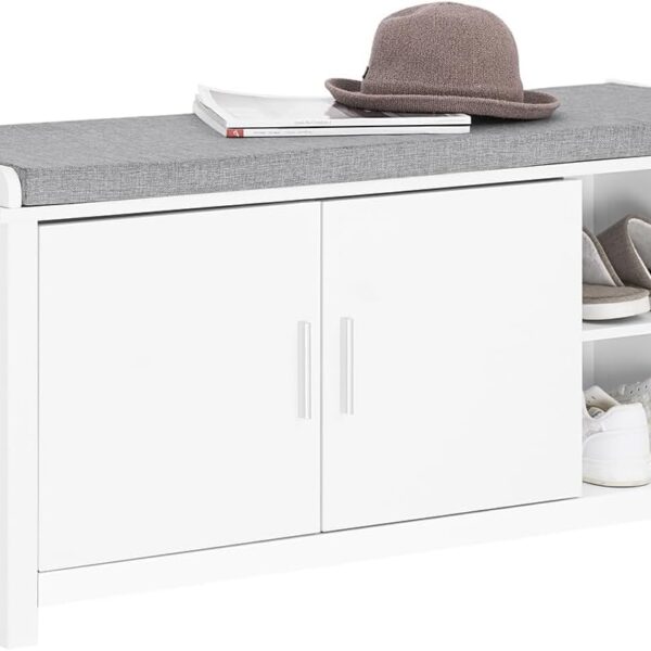 SoBuy FSR168-W Schuhschrank mit Sitz - 2 Türen 2 offene Fächer - 105 x 35 x 51 cm - Weiß Wohnen & Kochen
