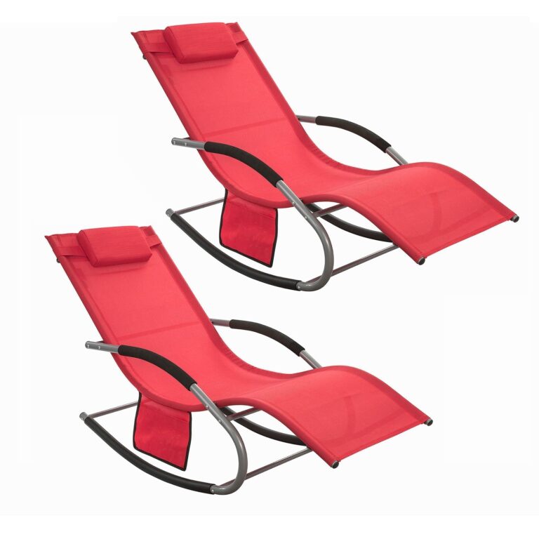 SoBuy OGS28-Rx2 Liegestühle 2er-Set - Rot - 143x57x85 cm - Ergonomische Schaukelstühle mit Kopfstütze und Seitentasche Haus & Garten
