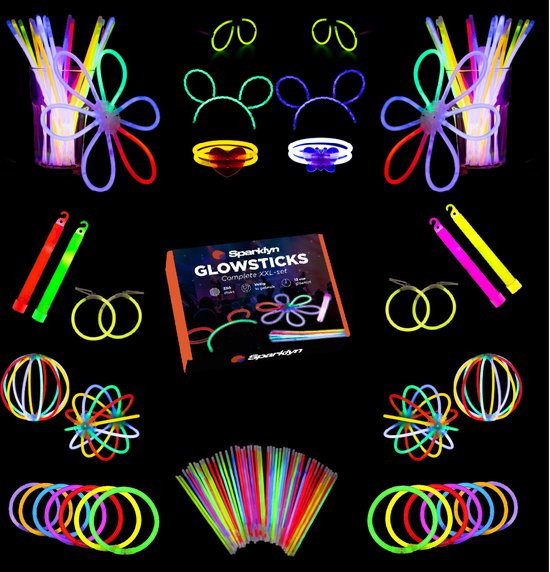 Sparklyn XXL Glow in the Dark Stick Set - 328 Stück Leuchtstäbe mit Zubehör - Leuchtstäbe zum Brechen - Neon Party Geschenke