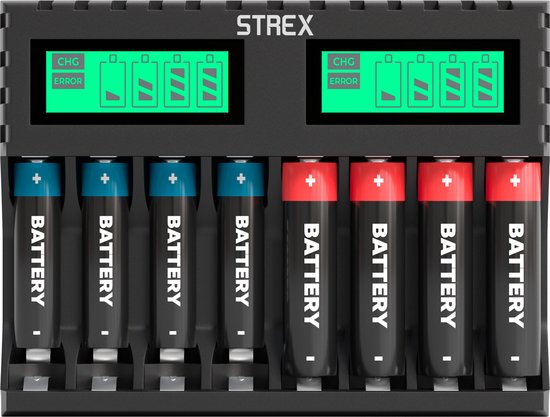 Strex - Batterieladegerät - 8x AA/AAA-Batterien - USB aufladbar - LCD-Display - für wiederaufladbare Batterien - Schwarz Elektronik