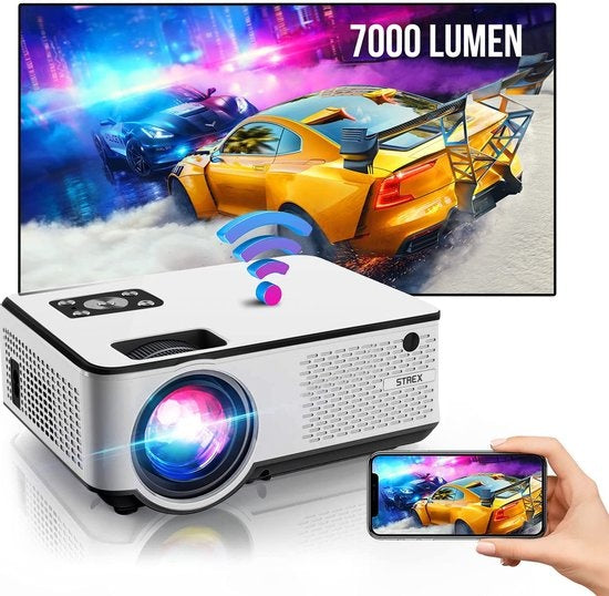 Strex - Beamer - HD 1920x1080P - 7000 Lumen - Streamen vom Telefon mit WiFi - 100" Projektionsfläche - Weiß