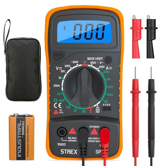 Strex - Digital-Multimeter - AC / DC - inkl. 9V Duracell-Batterie/ Zange & Aufbewahrungskoffer - Schwarz/Orange Elektronik