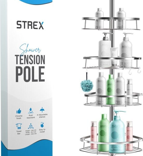 Strex - Teleskop Duschablage - rostfreier Stahl - 70-275 cm - 4 Körbe - ohne Bohren oder Schrauben - Silber