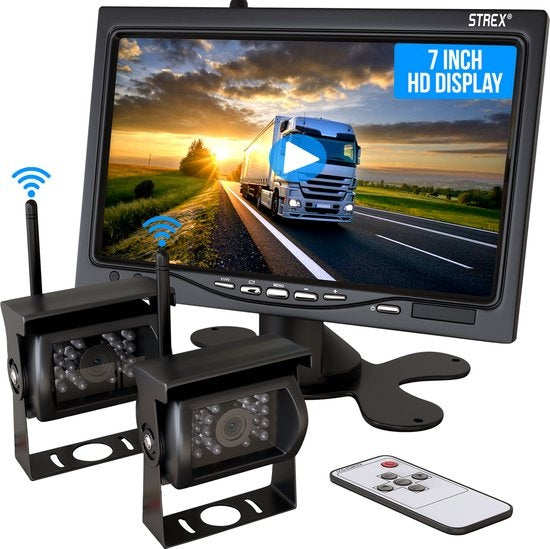 Strex Wireless Rückfahrkamera mit 2 Kameras - 7Ã¢â‚¬ Bildschirm - Nachtsicht 18LED 15m Auto & Fahrrad