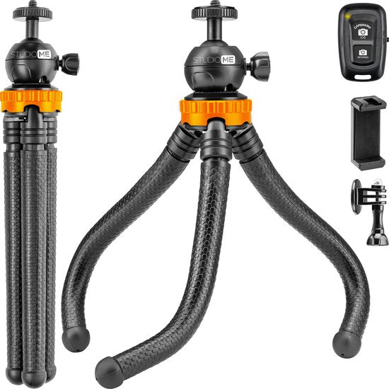 Studio ME Telefonstativ - 25 cm - Stativ Smartphone - Flexibel - Kamerastativ - Schwarz - Gorillapod - Telefonhalterung - Inkl. Bluetooth-Fernbedienung - Stativ Iphone - Stativ Telefon Elektronik