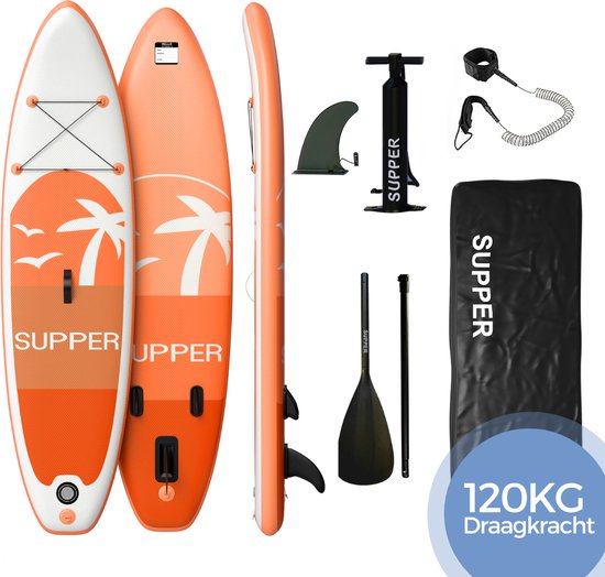Supper Sup Board - Max. 120KG - Aufblasbar - Paddle Board - Verstellbares Paddel - Pumpe - Flosse - Leash - Tragetasche - 285 x 76 cm - Orange Hobby & Sport