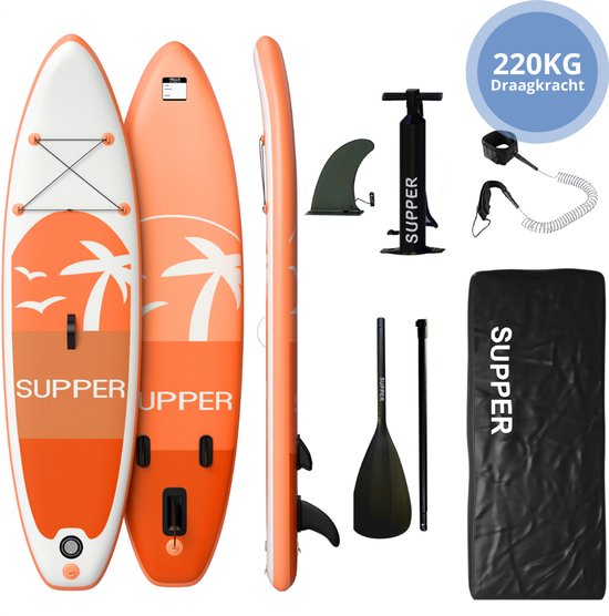 Supper Sup Board XL - Max. 220KG - Aufblasbar - Paddle Board - Wasserdichte Handytasche - Pumpe - Flosse - Leash - Tragetasche - 335 x 81 cm - Orange Hobby & Sport