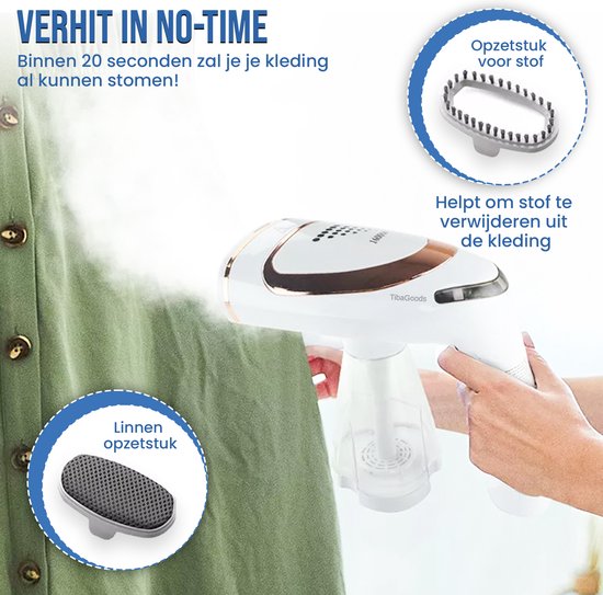 TibaGoods Luxury Clothes Steamer - Hand Steamer - Clothes Steamer - De-clutterer - Steam cleaner - Steam iron - Heats up quickly - Includes 2 brush heads - 1600w - 250ml Kleidung