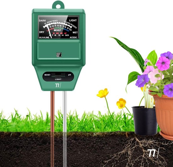 TIKKENS® Bodenfeuchtemessgerät Pflanzen - Pflanzenfeuchtemessgerät - pH- und Lichtmessgerät - 3 in 1 - Blumen/Pflanzen - Garten-Bodentests - Feuchtemessgeräte Haus & Garten